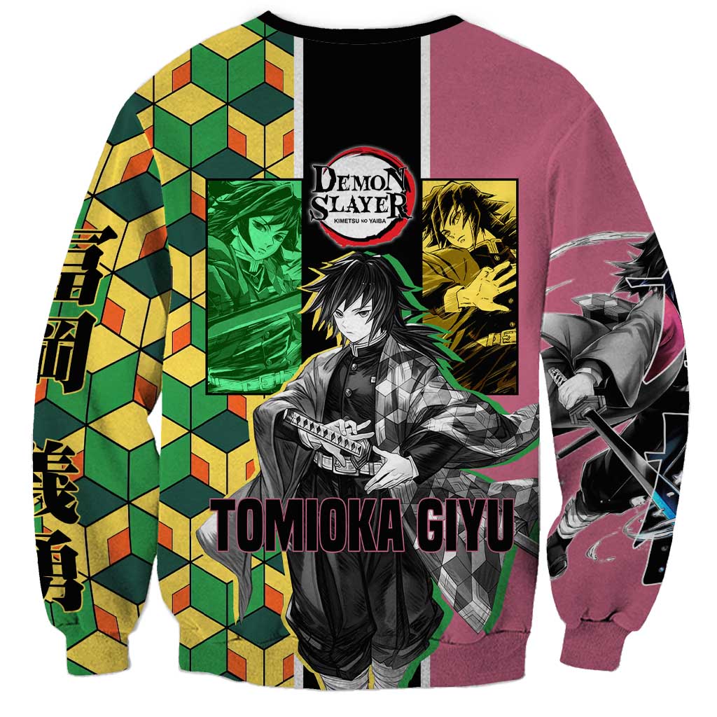 Giyu Tomioka from Demon Slayer Sweatshirt with Geometric Pattern Sleeve and Pink and Black Manga Panel Design - The Mazicc