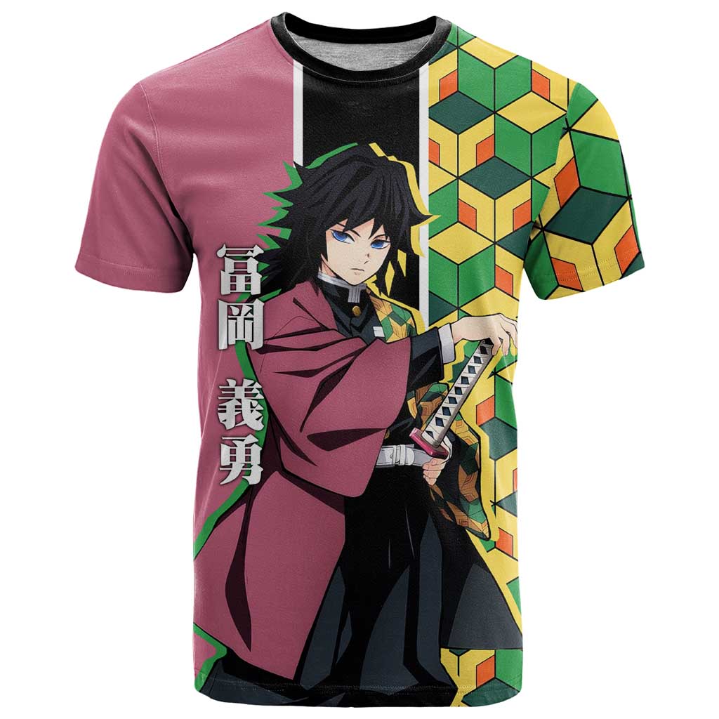 Giyu Tomioka from Demon Slayer T Shirt with Geometric Pattern Sleeve and Pink and Black Manga Panel Design - The Mazicc