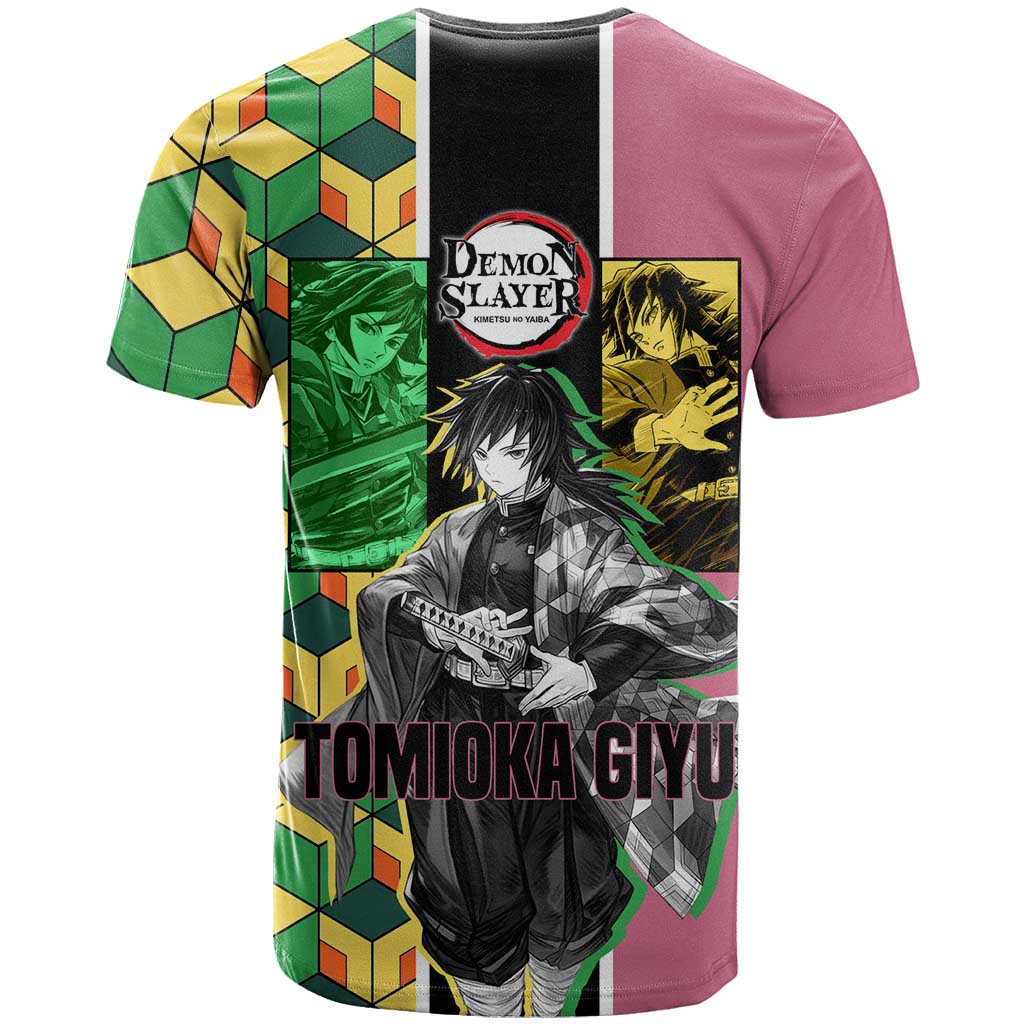 Giyu Tomioka from Demon Slayer T Shirt with Geometric Pattern Sleeve and Pink and Black Manga Panel Design - The Mazicc
