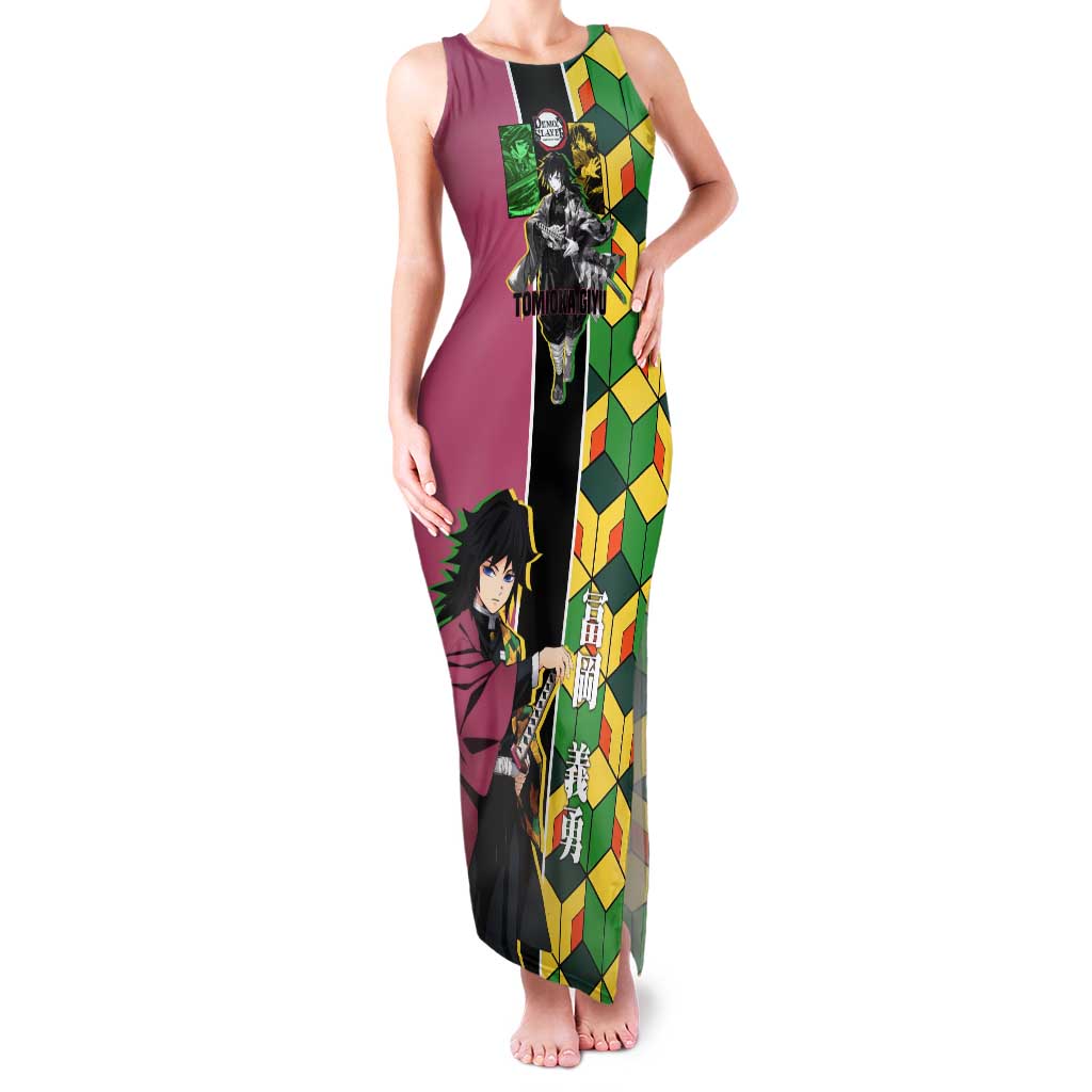 Giyu Tomioka from Demon Slayer Tank Maxi Dress with Geometric Pattern Sleeve and Pink and Black Manga Panel Design - The Mazicc