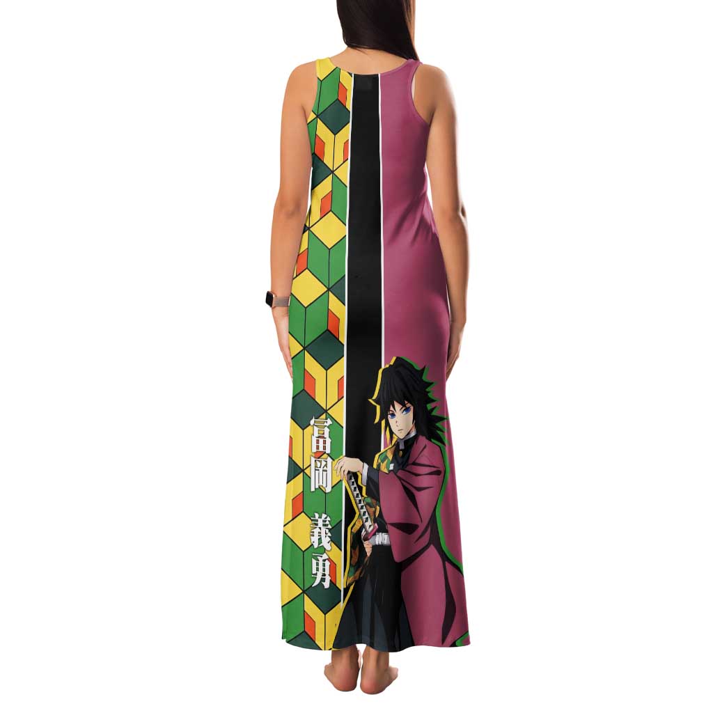 Giyu Tomioka from Demon Slayer Tank Maxi Dress with Geometric Pattern Sleeve and Pink and Black Manga Panel Design - The Mazicc