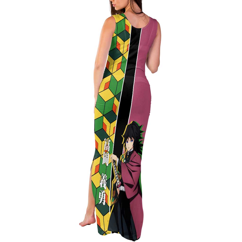 Giyu Tomioka from Demon Slayer Tank Maxi Dress with Geometric Pattern Sleeve and Pink and Black Manga Panel Design - The Mazicc