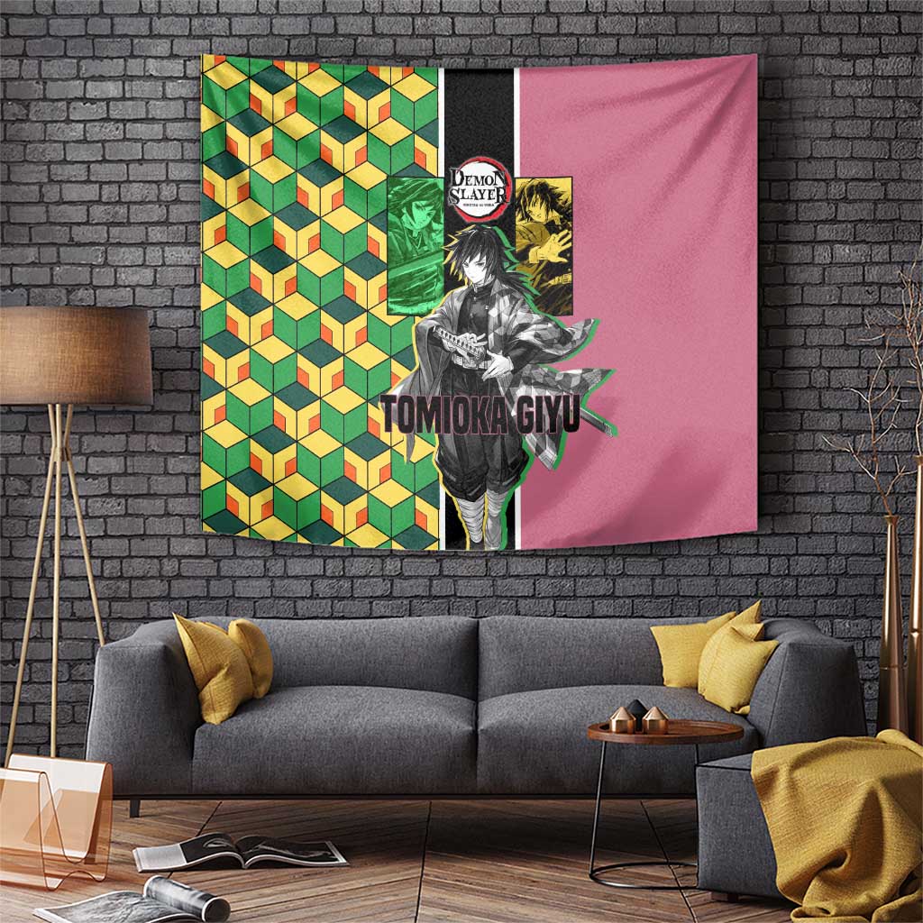 Giyu Tomioka from Demon Slayer Tapestry with Geometric Pattern Sleeve and Pink and Black Manga Panel Design - The Mazicc