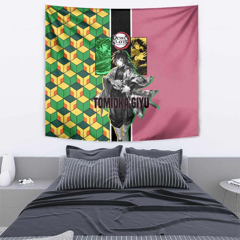 Giyu Tomioka from Demon Slayer Tapestry with Geometric Pattern Sleeve and Pink and Black Manga Panel Design - The Mazicc