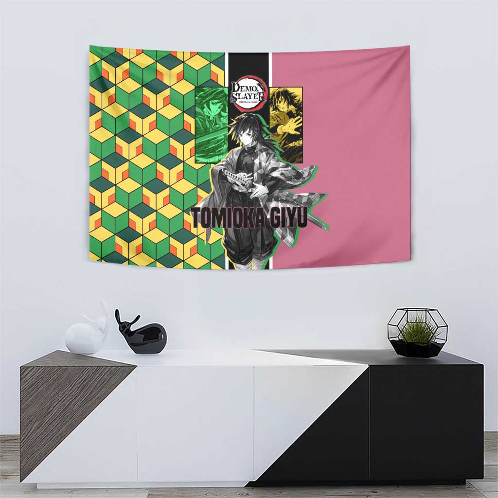 Giyu Tomioka from Demon Slayer Tapestry with Geometric Pattern Sleeve and Pink and Black Manga Panel Design - The Mazicc