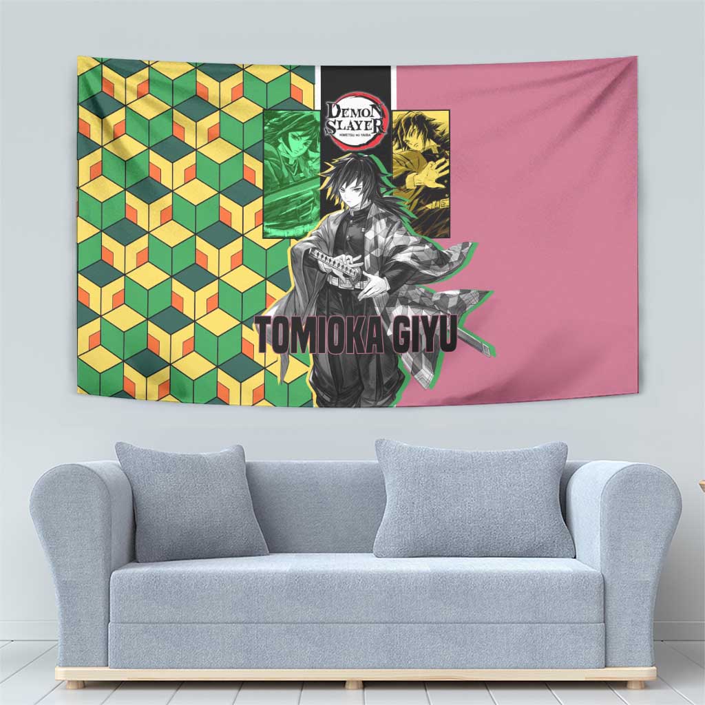 Giyu Tomioka from Demon Slayer Tapestry with Geometric Pattern Sleeve and Pink and Black Manga Panel Design - The Mazicc