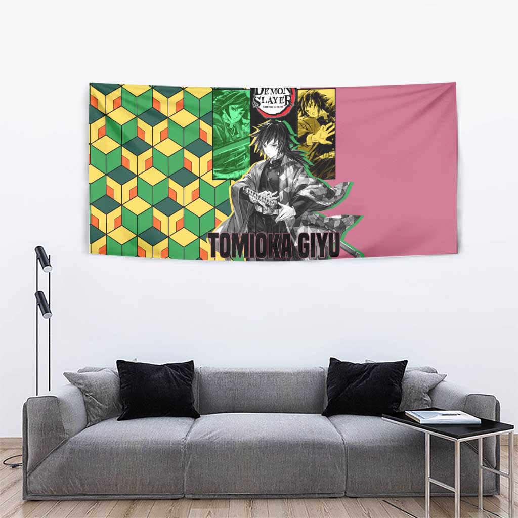 Giyu Tomioka from Demon Slayer Tapestry with Geometric Pattern Sleeve and Pink and Black Manga Panel Design - The Mazicc
