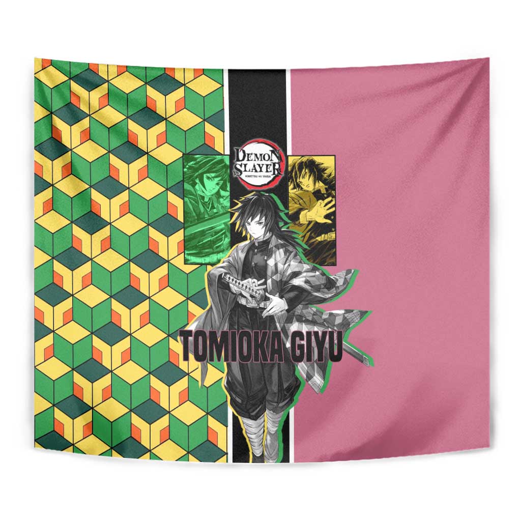 Giyu Tomioka from Demon Slayer Tapestry with Geometric Pattern Sleeve and Pink and Black Manga Panel Design - The Mazicc