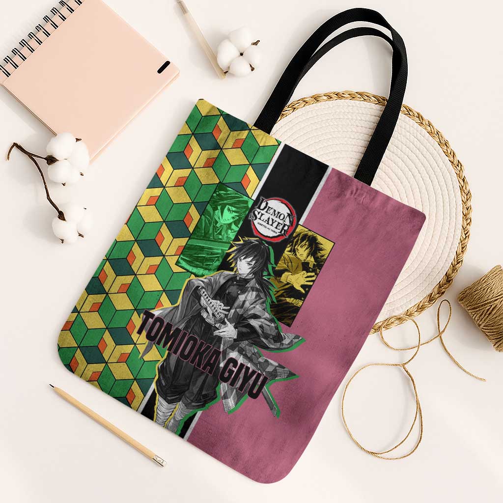 Giyu Tomioka from Demon Slayer Tote Bag with Geometric Pattern Sleeve and Pink and Black Manga Panel Design - The Mazicc