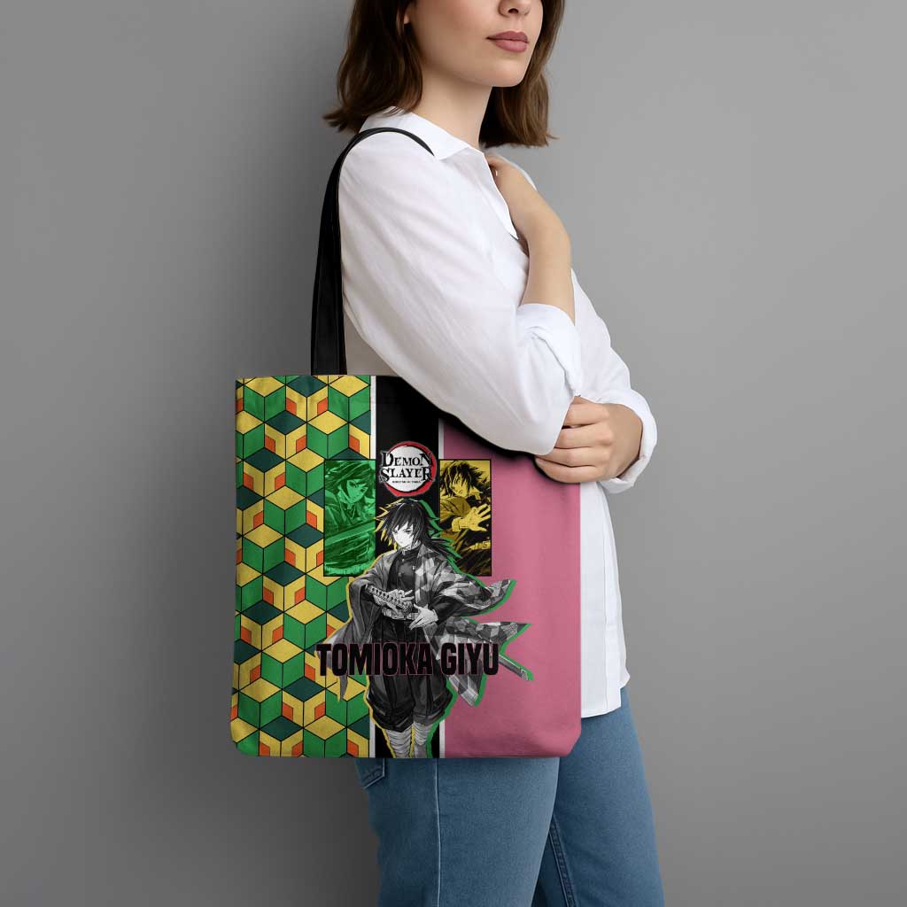 Giyu Tomioka from Demon Slayer Tote Bag with Geometric Pattern Sleeve and Pink and Black Manga Panel Design - The Mazicc