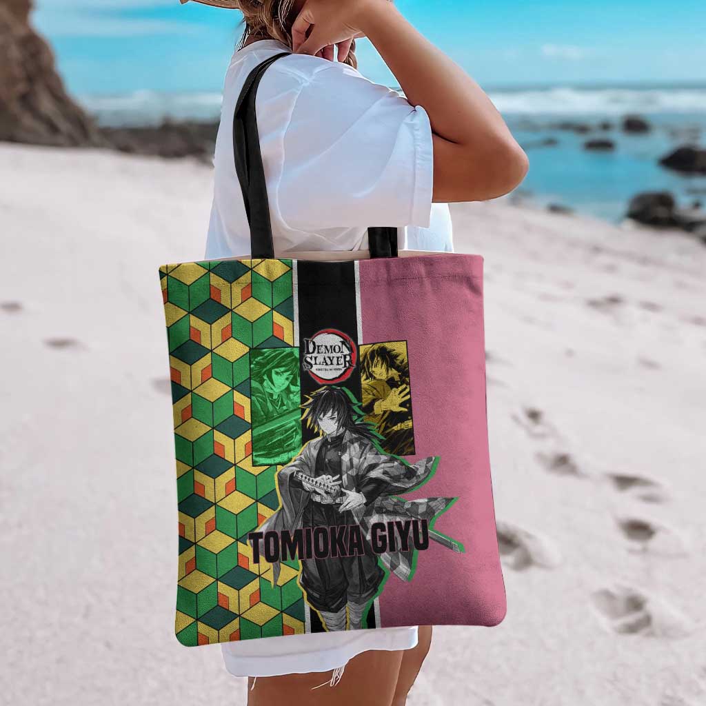 Giyu Tomioka from Demon Slayer Tote Bag with Geometric Pattern Sleeve and Pink and Black Manga Panel Design - The Mazicc