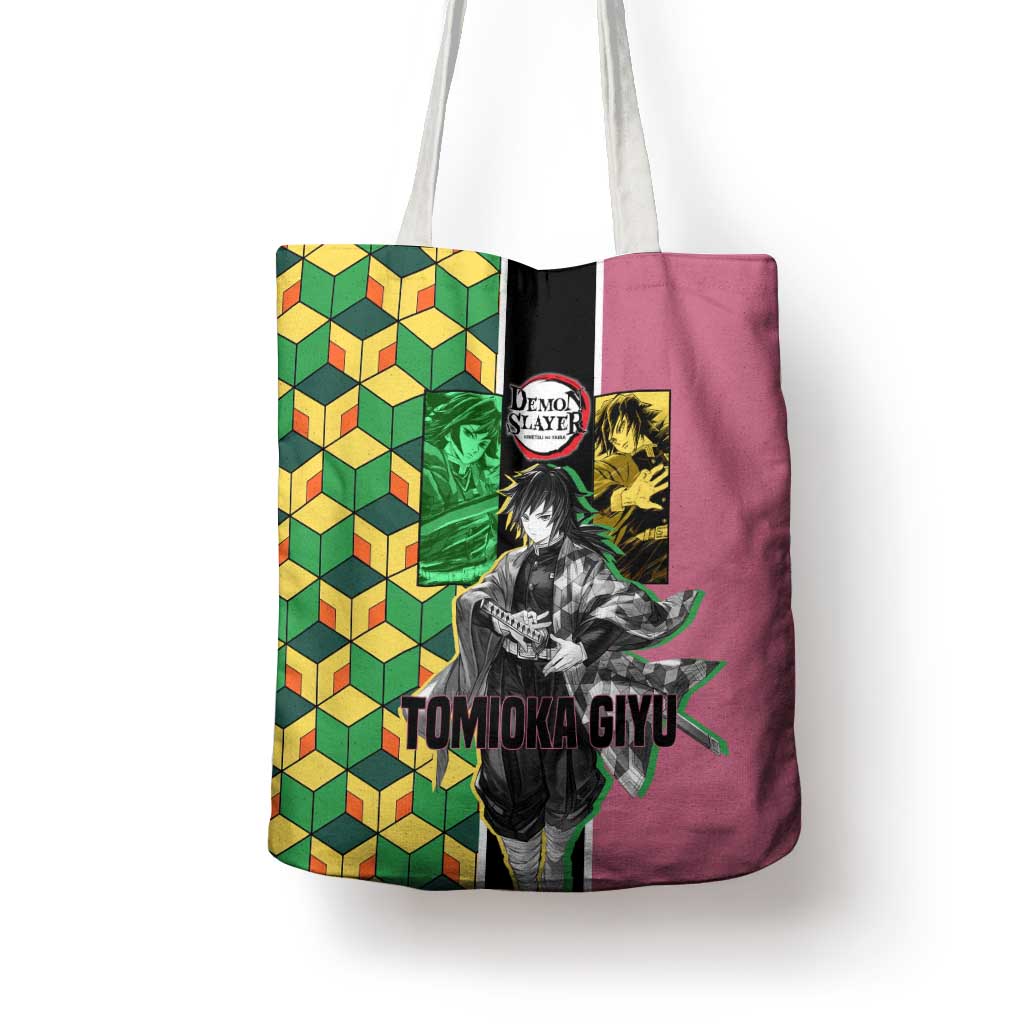 Giyu Tomioka from Demon Slayer Tote Bag with Geometric Pattern Sleeve and Pink and Black Manga Panel Design - The Mazicc