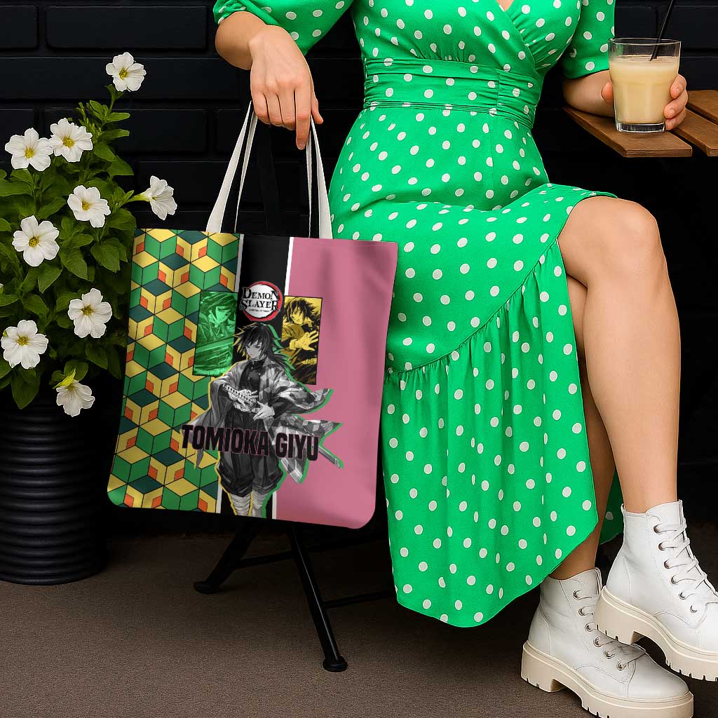 Giyu Tomioka from Demon Slayer Tote Bag with Geometric Pattern Sleeve and Pink and Black Manga Panel Design - The Mazicc