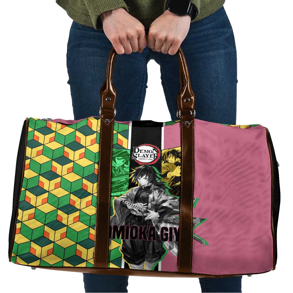Giyu Tomioka from Demon Slayer Travel Bag with Geometric Pattern Sleeve and Pink and Black Manga Panel Design - The Mazicc