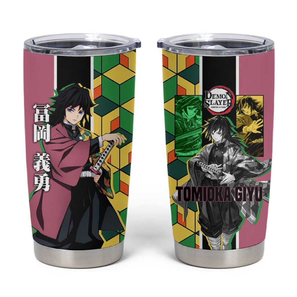 Giyu Tomioka from Demon Slayer Tumbler Cup with Geometric Pattern Sleeve and Pink and Black Manga Panel Design - The Mazicc