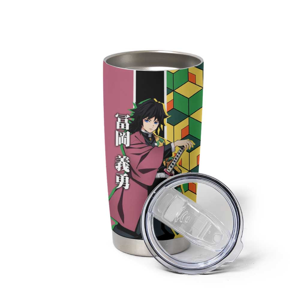 Giyu Tomioka from Demon Slayer Tumbler Cup with Geometric Pattern Sleeve and Pink and Black Manga Panel Design - The Mazicc