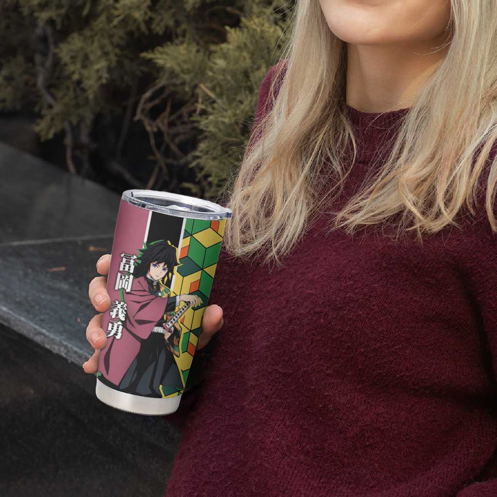 Giyu Tomioka from Demon Slayer Tumbler Cup with Geometric Pattern Sleeve and Pink and Black Manga Panel Design - The Mazicc
