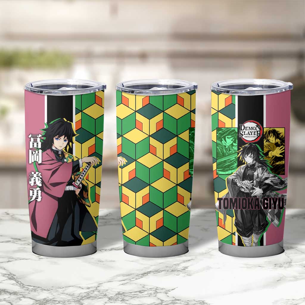 Giyu Tomioka from Demon Slayer Tumbler Cup with Geometric Pattern Sleeve and Pink and Black Manga Panel Design - The Mazicc