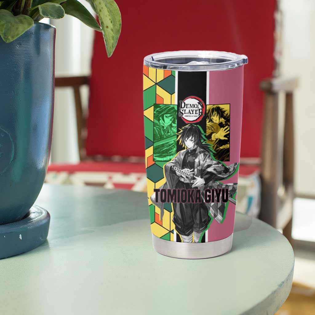 Giyu Tomioka from Demon Slayer Tumbler Cup with Geometric Pattern Sleeve and Pink and Black Manga Panel Design - The Mazicc
