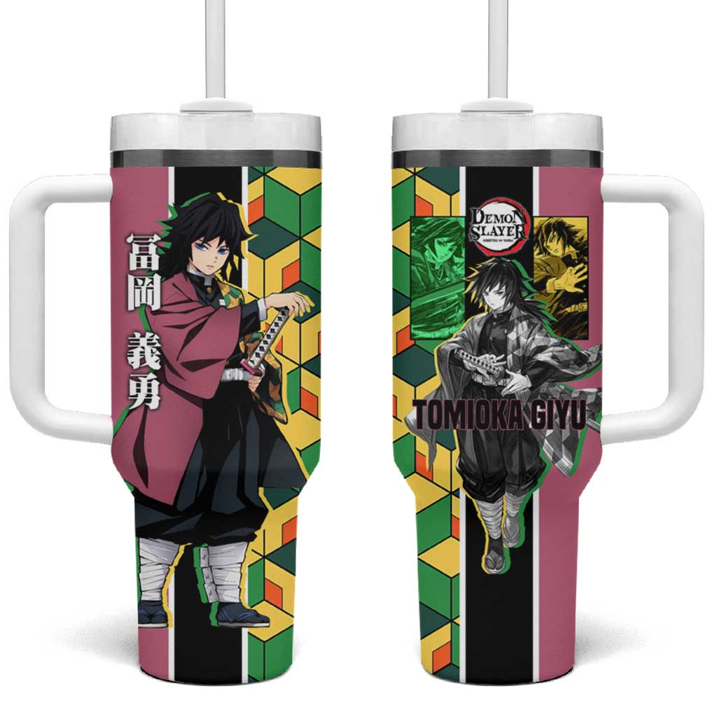 Giyu Tomioka from Demon Slayer Tumbler With Handle with Geometric Pattern Sleeve and Pink and Black Manga Panel Design - The Mazicc