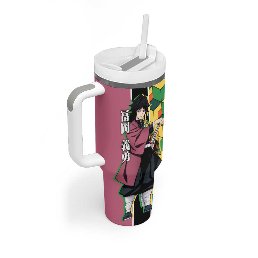 Giyu Tomioka from Demon Slayer Tumbler With Handle with Geometric Pattern Sleeve and Pink and Black Manga Panel Design - The Mazicc