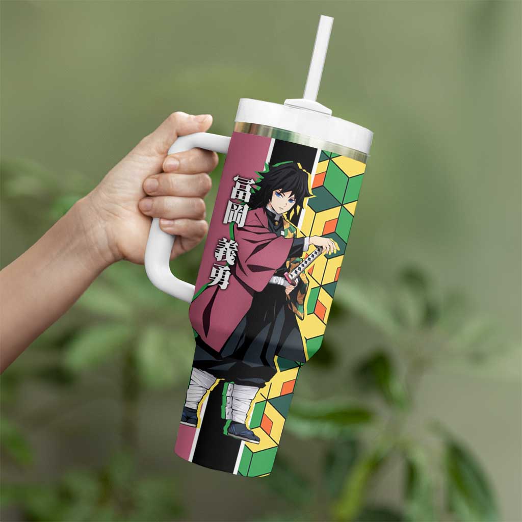 Giyu Tomioka from Demon Slayer Tumbler With Handle with Geometric Pattern Sleeve and Pink and Black Manga Panel Design - The Mazicc