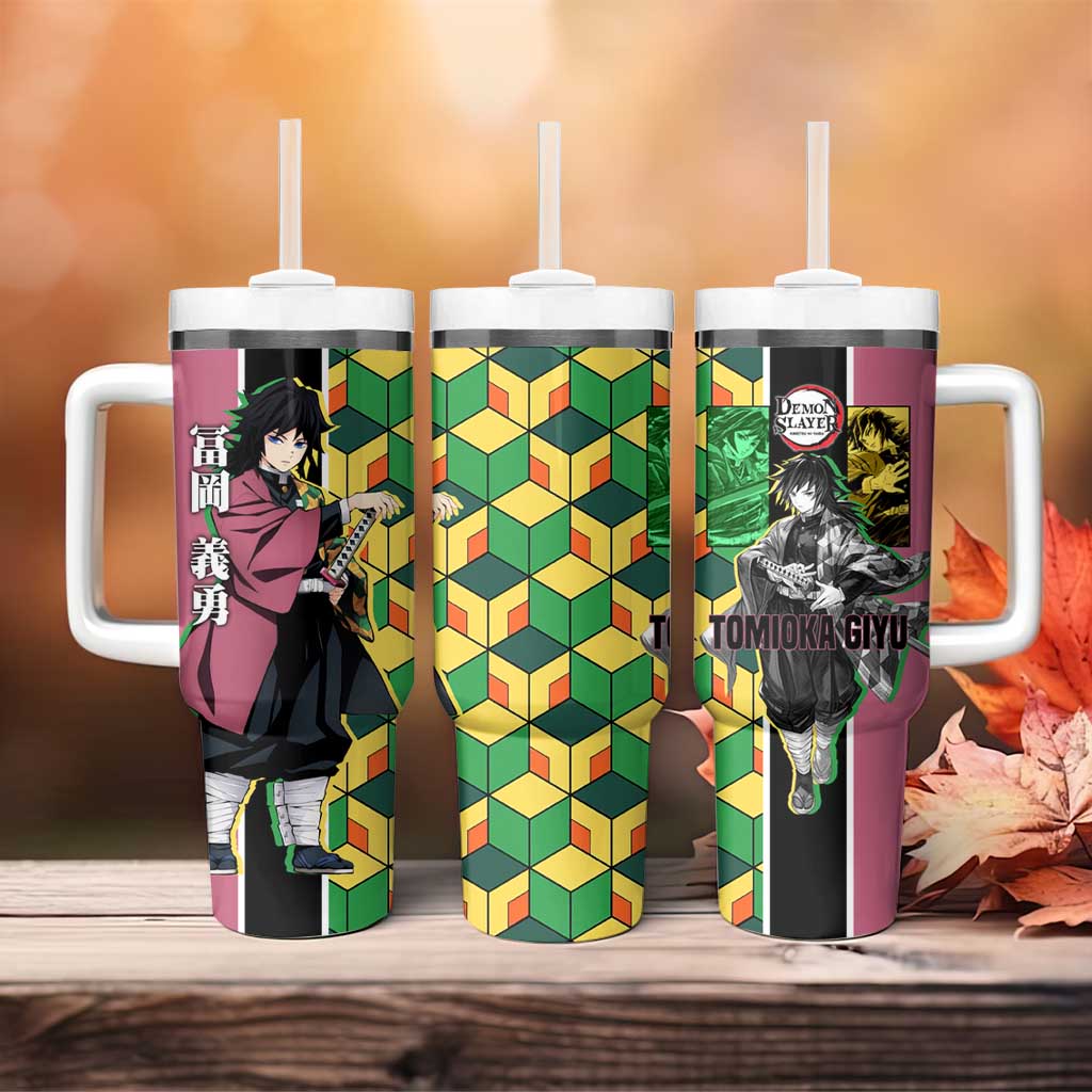 Giyu Tomioka from Demon Slayer Tumbler With Handle with Geometric Pattern Sleeve and Pink and Black Manga Panel Design - The Mazicc