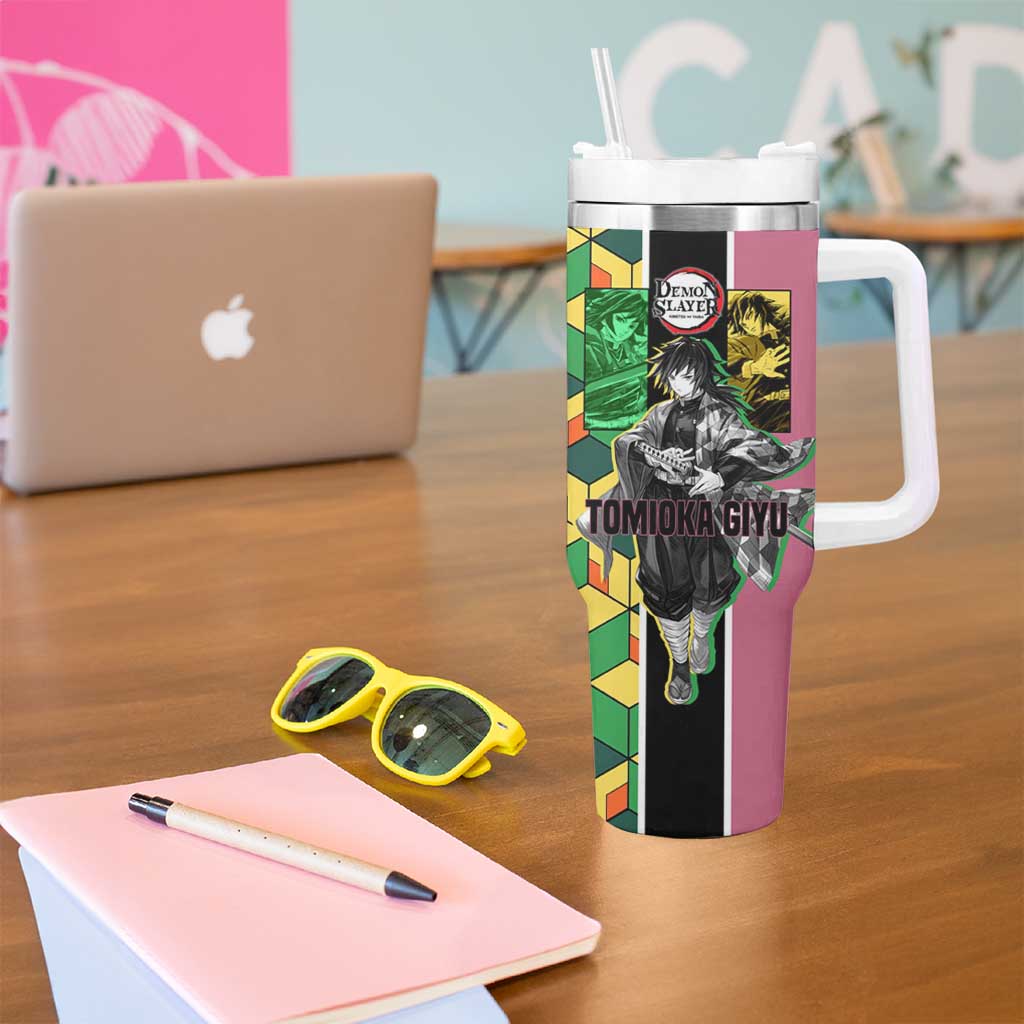 Giyu Tomioka from Demon Slayer Tumbler With Handle with Geometric Pattern Sleeve and Pink and Black Manga Panel Design - The Mazicc