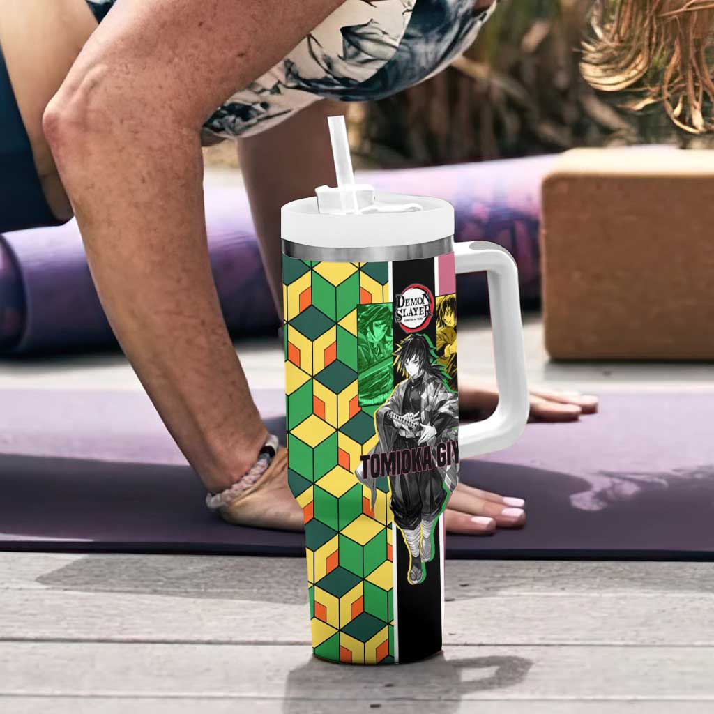 Giyu Tomioka from Demon Slayer Tumbler With Handle with Geometric Pattern Sleeve and Pink and Black Manga Panel Design - The Mazicc
