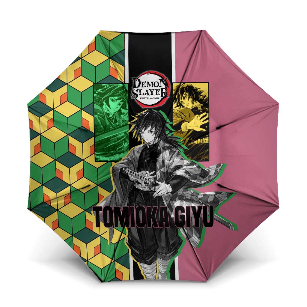 Giyu Tomioka from Demon Slayer Umbrella with Geometric Pattern Sleeve and Pink and Black Manga Panel Design - The Mazicc