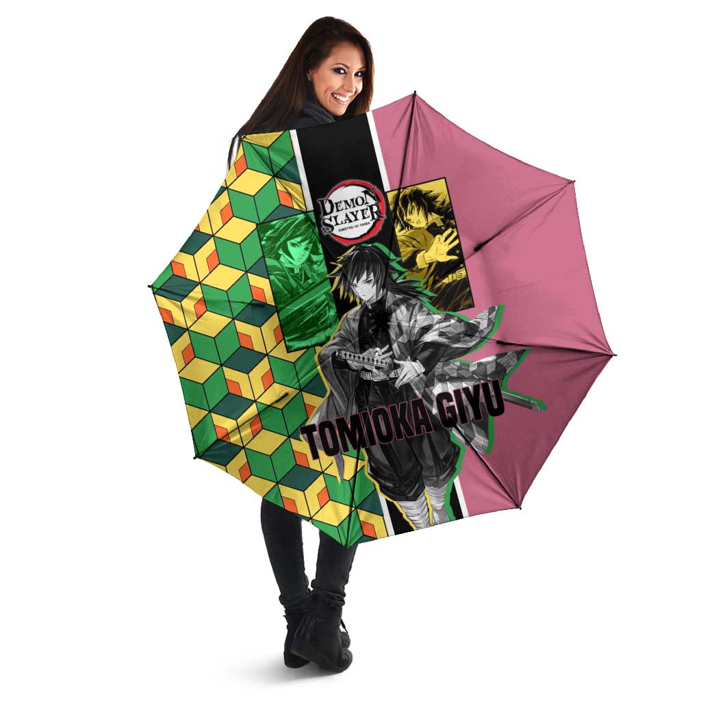 Giyu Tomioka from Demon Slayer Umbrella with Geometric Pattern Sleeve and Pink and Black Manga Panel Design - The Mazicc