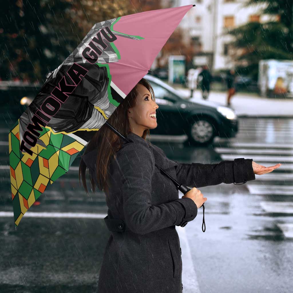 Giyu Tomioka from Demon Slayer Umbrella with Geometric Pattern Sleeve and Pink and Black Manga Panel Design - The Mazicc