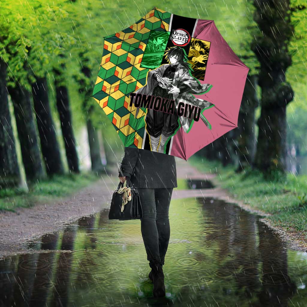 Giyu Tomioka from Demon Slayer Umbrella with Geometric Pattern Sleeve and Pink and Black Manga Panel Design - The Mazicc