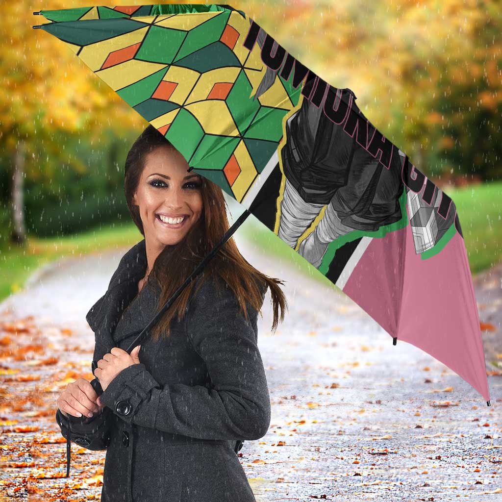 Giyu Tomioka from Demon Slayer Umbrella with Geometric Pattern Sleeve and Pink and Black Manga Panel Design - The Mazicc