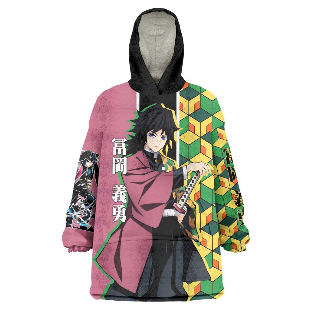 Giyu Tomioka from Demon Slayer Wearable Blanket Hoodie with Geometric Pattern Sleeve and Pink and Black Manga Panel Design - The Mazicc