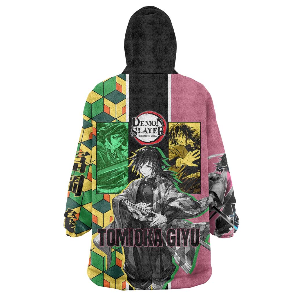 Giyu Tomioka from Demon Slayer Wearable Blanket Hoodie with Geometric Pattern Sleeve and Pink and Black Manga Panel Design - The Mazicc