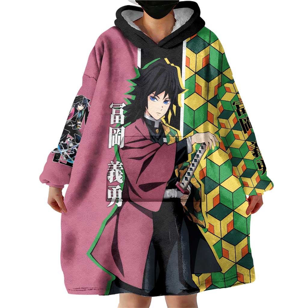 Giyu Tomioka from Demon Slayer Wearable Blanket Hoodie with Geometric Pattern Sleeve and Pink and Black Manga Panel Design - The Mazicc