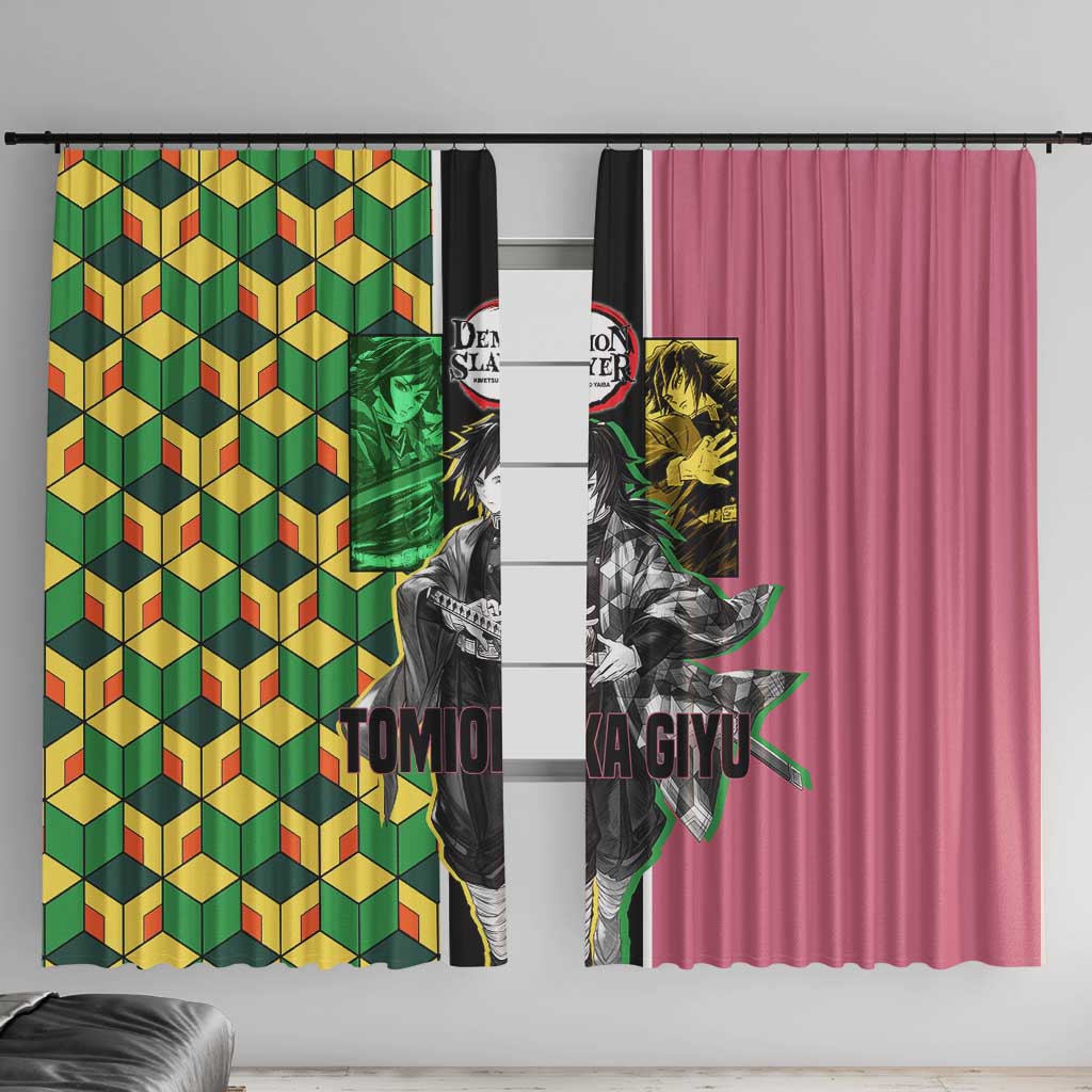 Giyu Tomioka from Demon Slayer Window Curtain with Geometric Pattern Sleeve and Pink and Black Manga Panel Design - The Mazicc