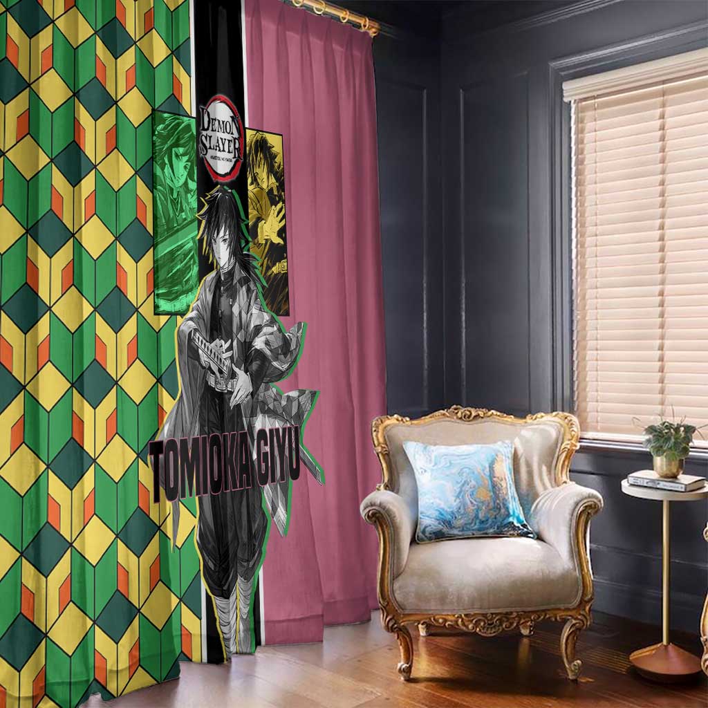 Giyu Tomioka from Demon Slayer Window Curtain with Geometric Pattern Sleeve and Pink and Black Manga Panel Design - The Mazicc