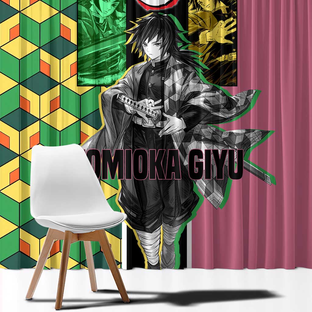 Giyu Tomioka from Demon Slayer Window Curtain with Geometric Pattern Sleeve and Pink and Black Manga Panel Design - The Mazicc