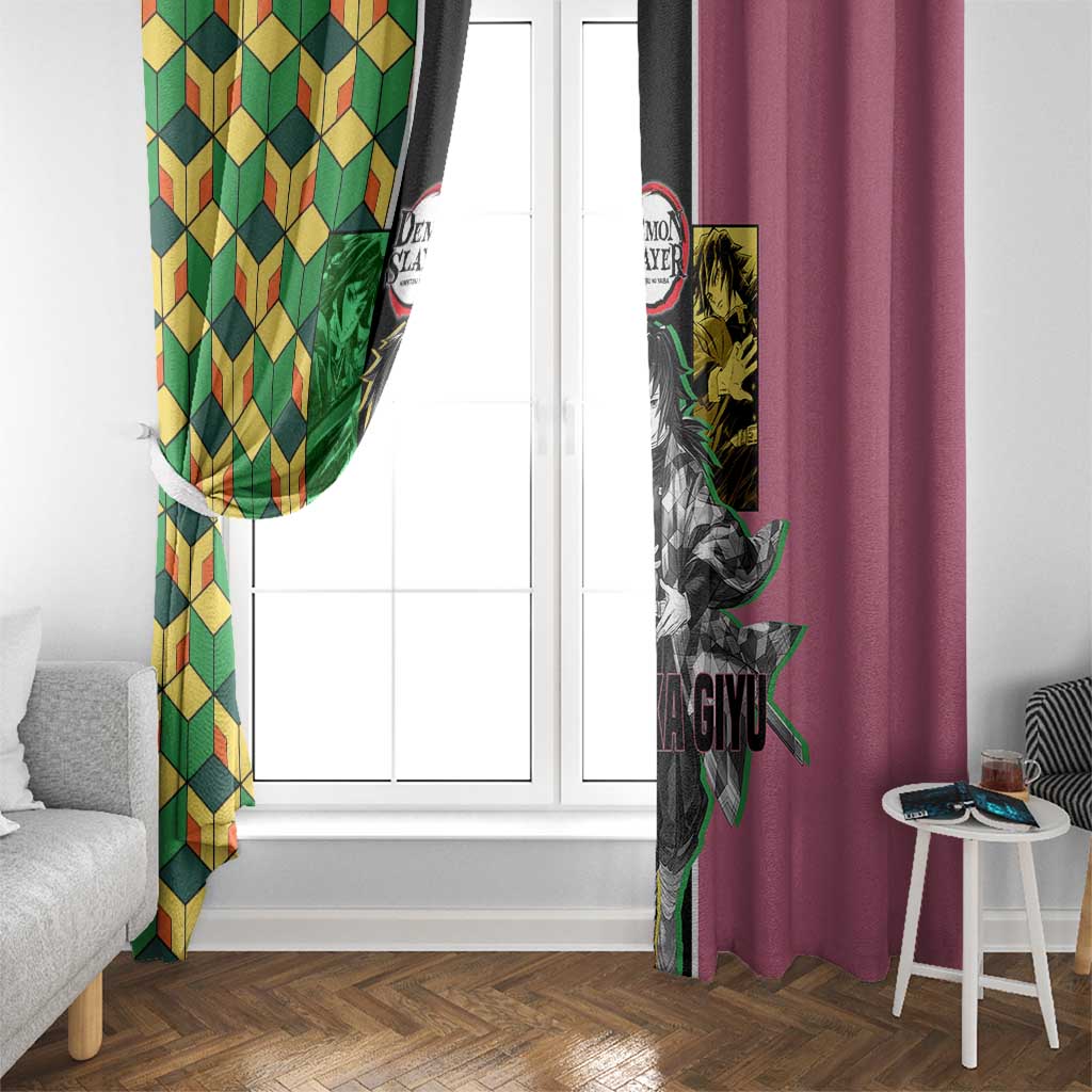 Giyu Tomioka from Demon Slayer Window Curtain with Geometric Pattern Sleeve and Pink and Black Manga Panel Design - The Mazicc