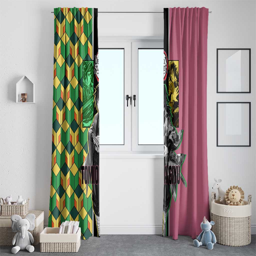 Giyu Tomioka from Demon Slayer Window Curtain with Geometric Pattern Sleeve and Pink and Black Manga Panel Design - The Mazicc