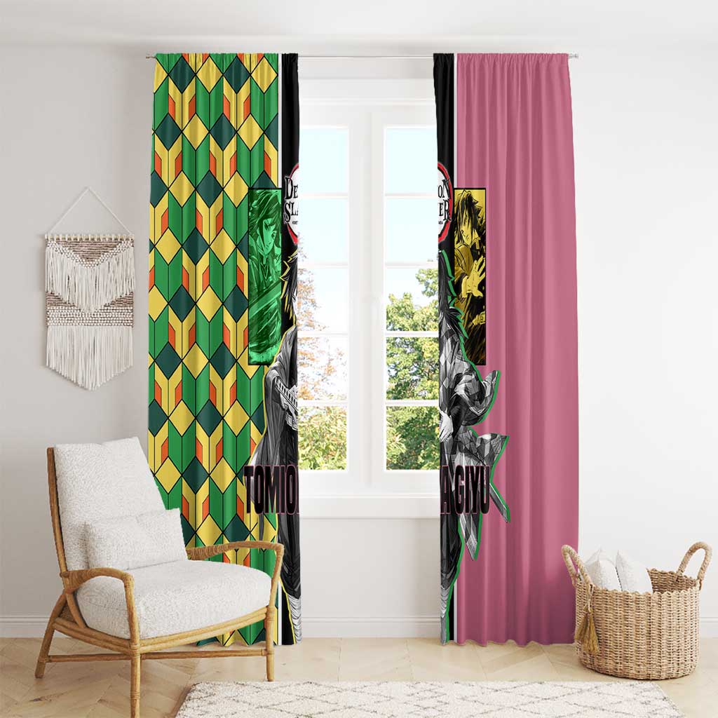 Giyu Tomioka from Demon Slayer Window Curtain with Geometric Pattern Sleeve and Pink and Black Manga Panel Design - The Mazicc