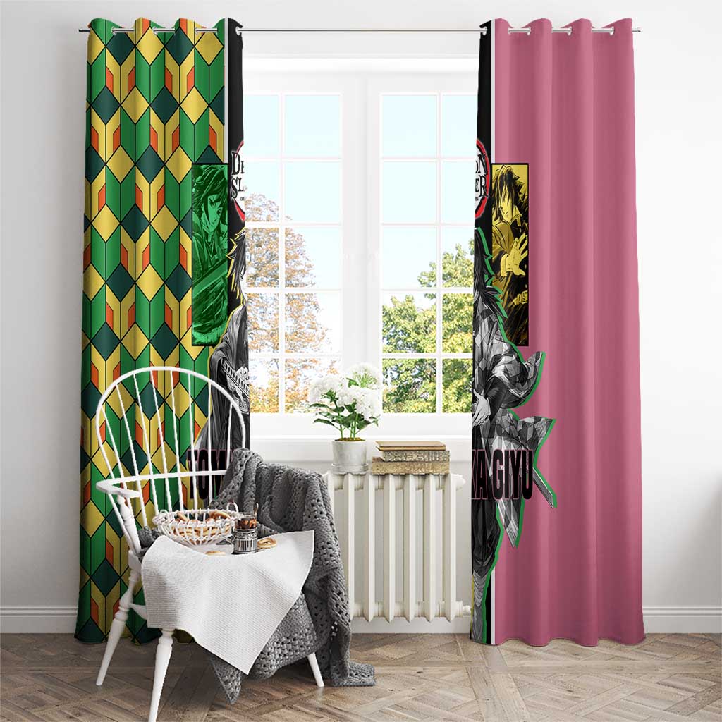 Giyu Tomioka from Demon Slayer Window Curtain with Geometric Pattern Sleeve and Pink and Black Manga Panel Design - The Mazicc