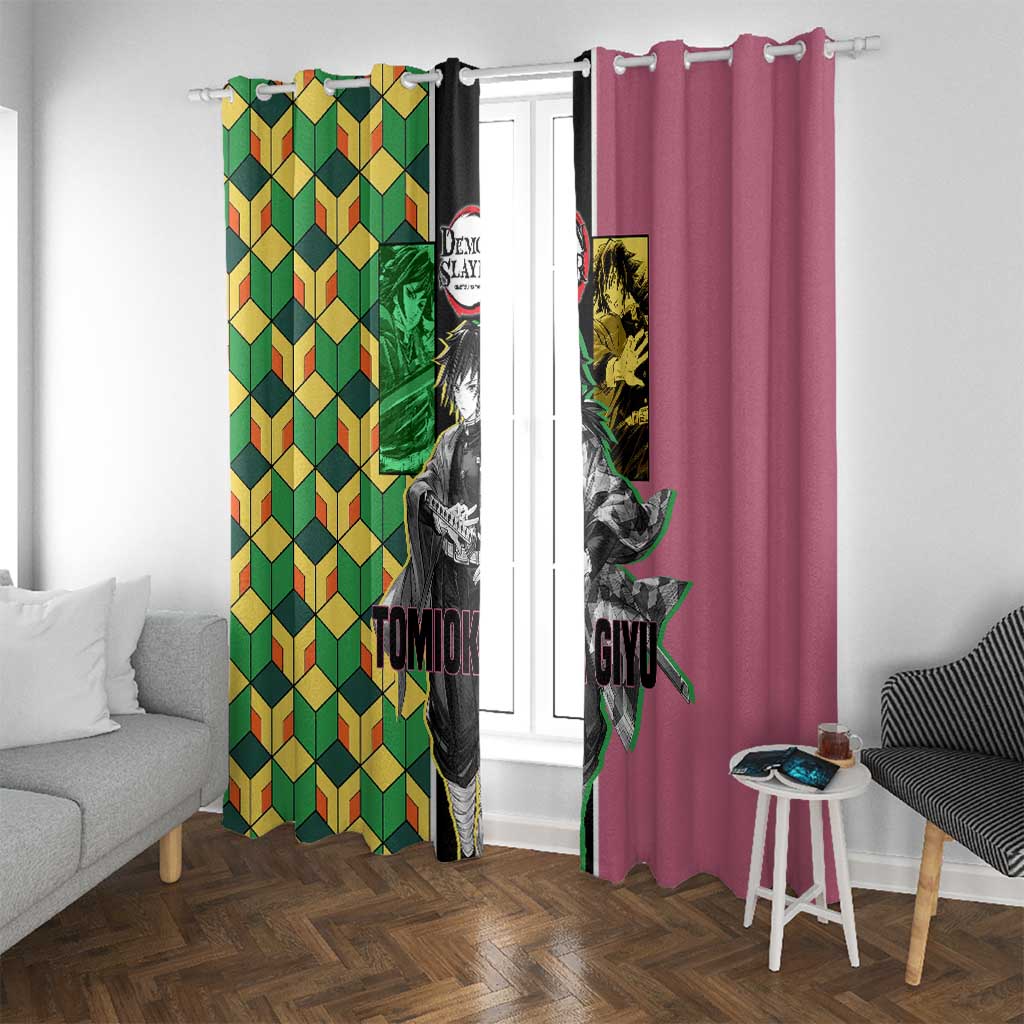 Giyu Tomioka from Demon Slayer Window Curtain with Geometric Pattern Sleeve and Pink and Black Manga Panel Design - The Mazicc