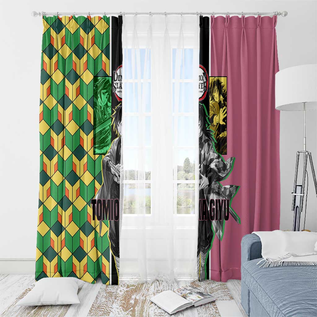Giyu Tomioka from Demon Slayer Window Curtain with Geometric Pattern Sleeve and Pink and Black Manga Panel Design - The Mazicc