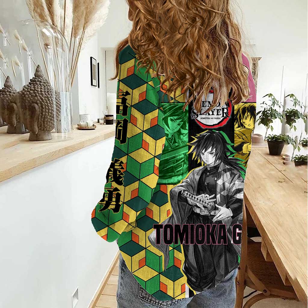 Giyu Tomioka from Demon Slayer Women Casual Shirt with Geometric Pattern Sleeve and Pink and Black Manga Panel Design - The Mazicc