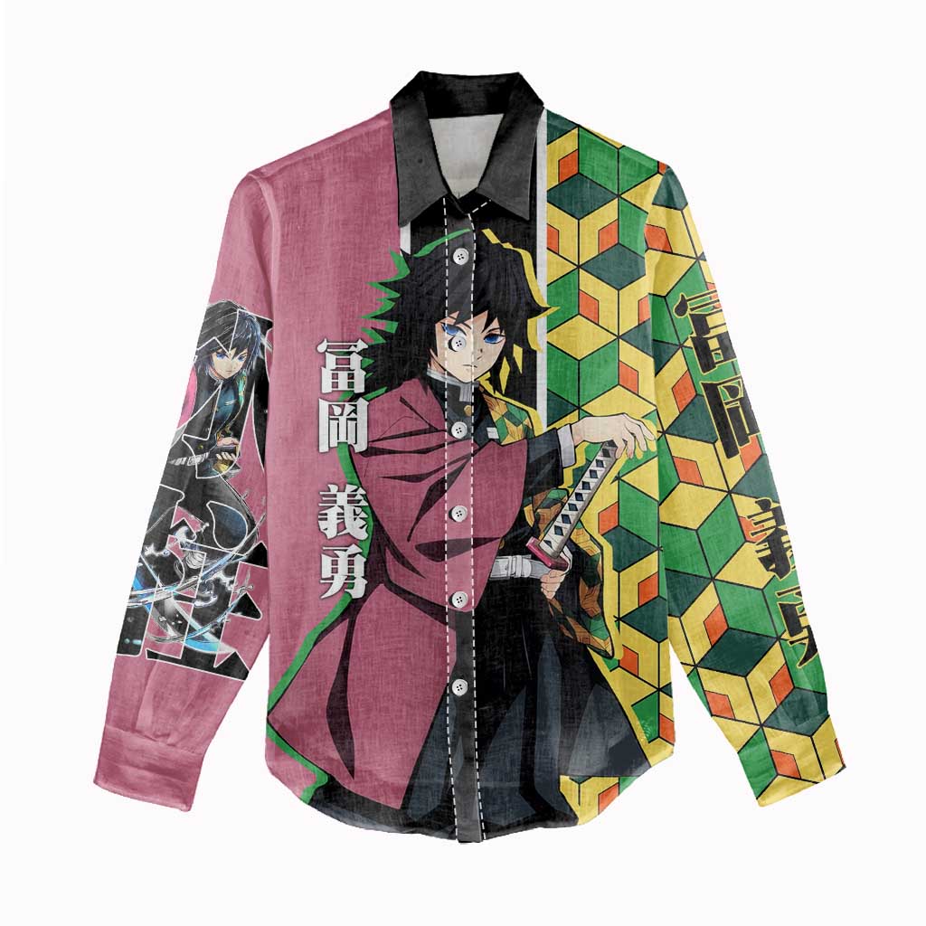 Giyu Tomioka from Demon Slayer Women Casual Shirt with Geometric Pattern Sleeve and Pink and Black Manga Panel Design - The Mazicc