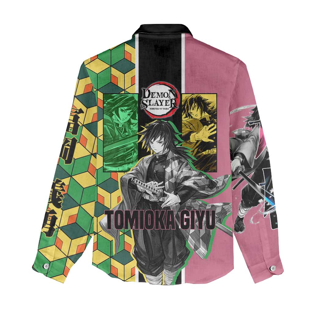 Giyu Tomioka from Demon Slayer Women Casual Shirt with Geometric Pattern Sleeve and Pink and Black Manga Panel Design - The Mazicc