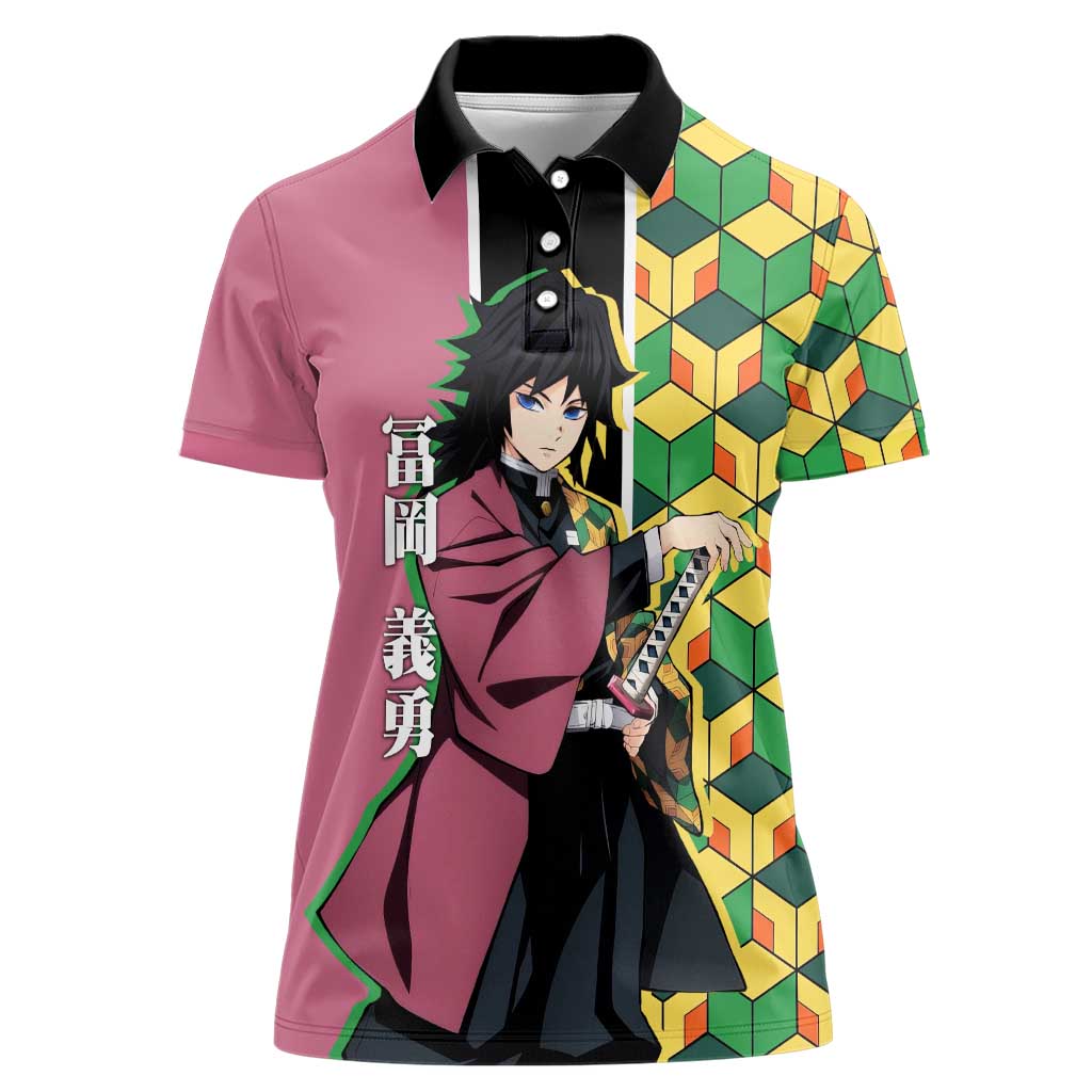 Giyu Tomioka from Demon Slayer Women Polo Shirt with Geometric Pattern Sleeve and Pink and Black Manga Panel Design - The Mazicc